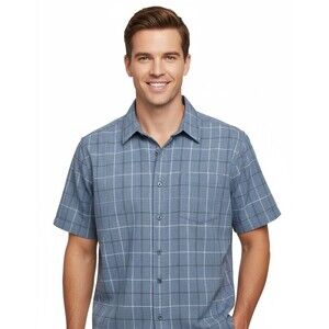 Haggar Shirt Cool 18 Tec Button Up Men L Blue Plaid Check Short Sleeve Collar